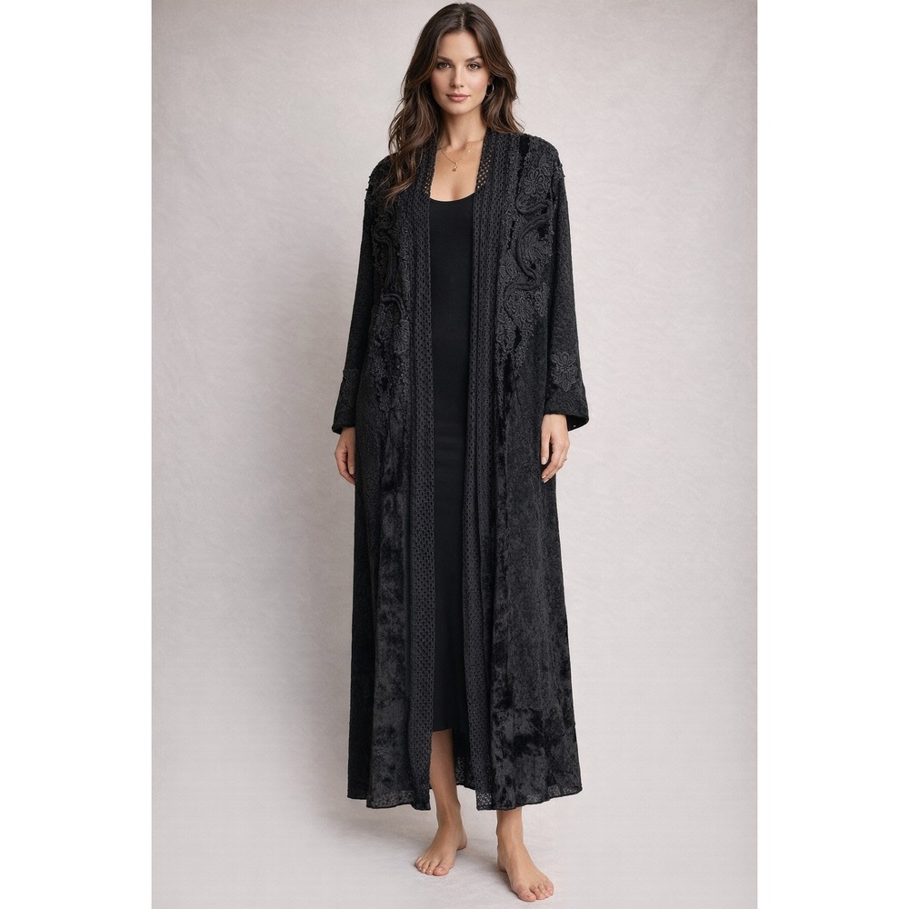 Buccelli Italy Black Velvet & Lace Devoré Long Duster Coat Art-to-Wear Statement